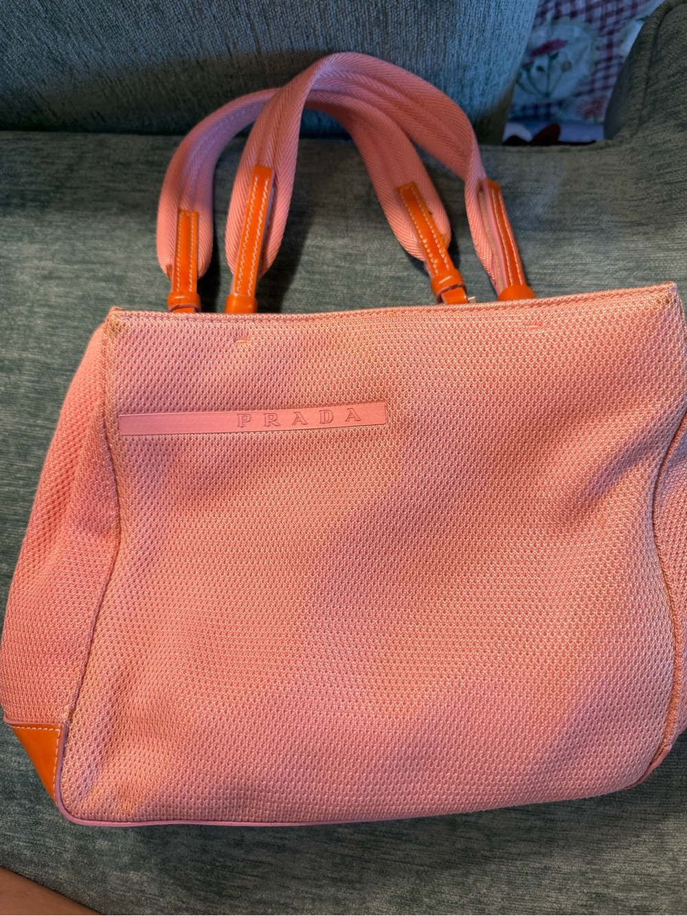 Prada Pink Canvas Tote with Orange Trim and Handles